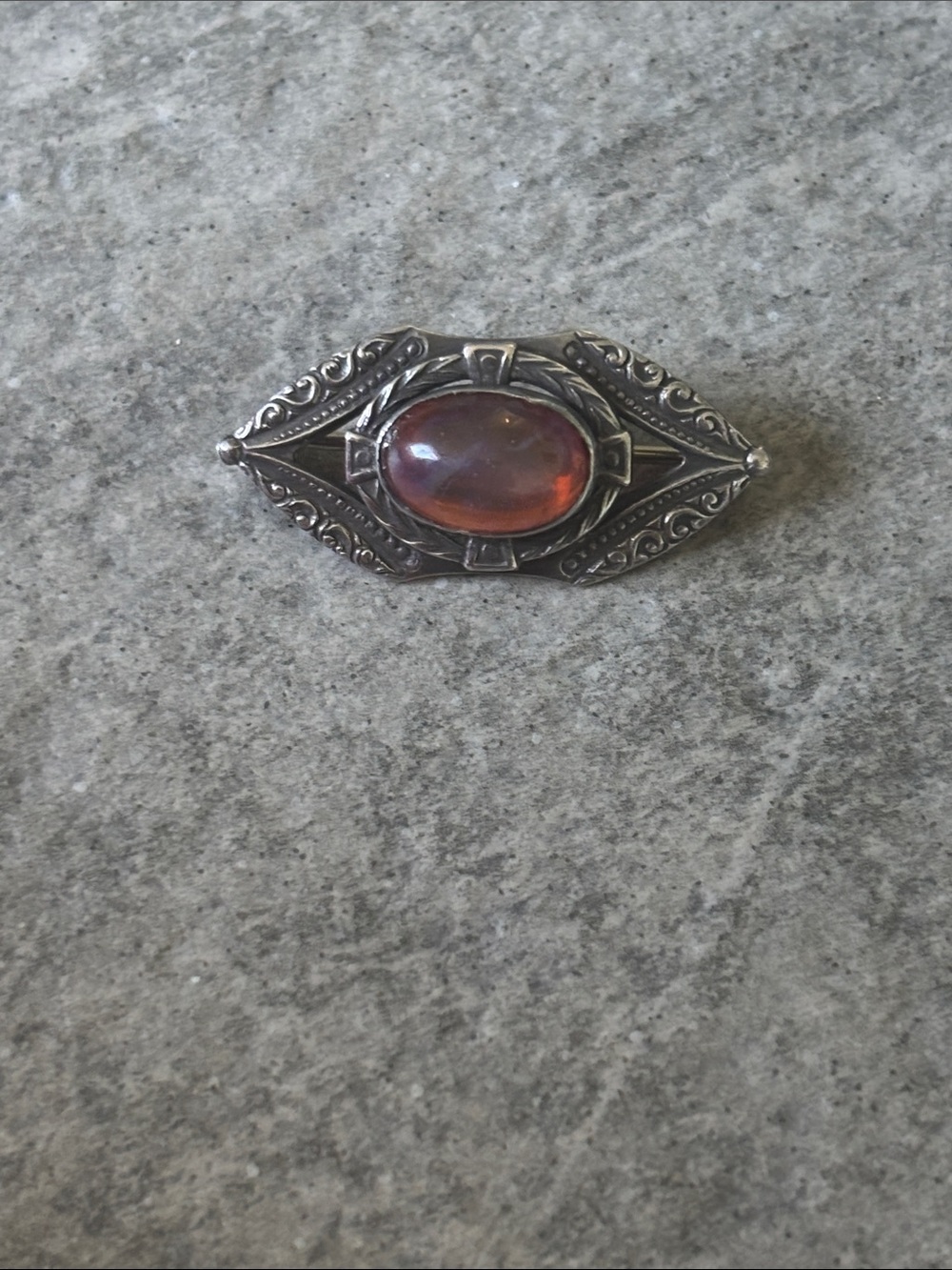Ornate Sterling Silver DRAGON’S BREATH Brooch Pin Cabochon 0.67”